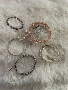 Mixed Metal and Pearl Stretch Bracelet Set - Silver, Rose Gold, Purple